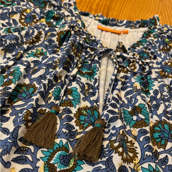 OLIPHANT Metallic Clip Balloon Sleeve Tip Split Neck Mini Dress SZ Medium Blue - Picture 6 of 10